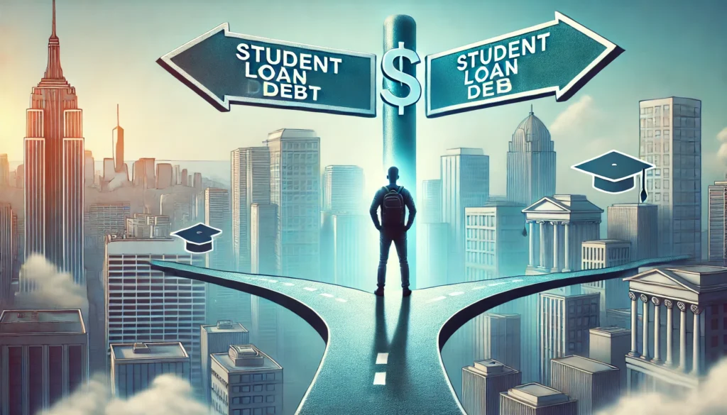 A person standing at a financial crossroads, with one path symbolizing student loan debt and the other leading toward financial freedom. A city skyline in the background represents opportunities and strategic decision-making in managing student loans