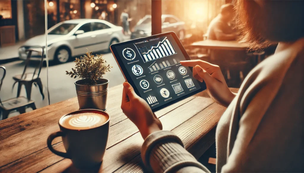 A person sitting in a cozy café, using a tablet to track financial progress. The screen subtly displays financial growth charts and budgeting tools, representing strategic student loan debt management and smart money habits