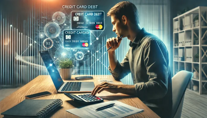 person sitting at a desk with a laptop and financial documents, calculating their credit card debt and exploring refinancing options. The modern home office setting conveys a sense of strategic financial planning