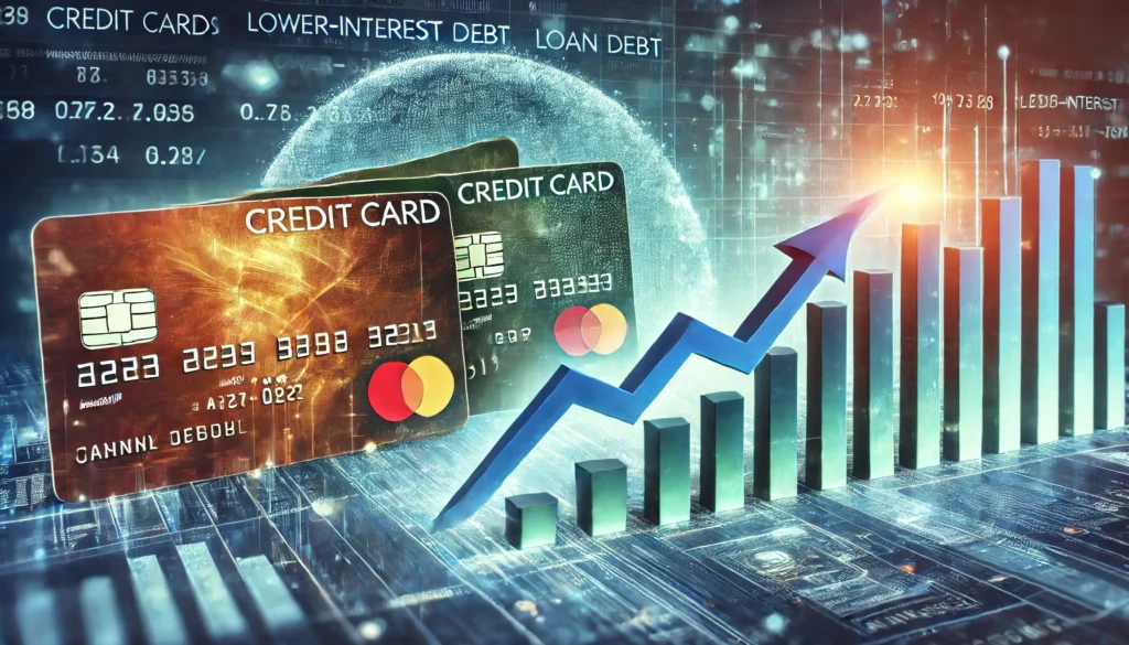 A conceptual image of credit cards transitioning into lower-interest loan documents, symbolizing financial growth and stability. The digital visualization in the background represents smart refinancing decisions.