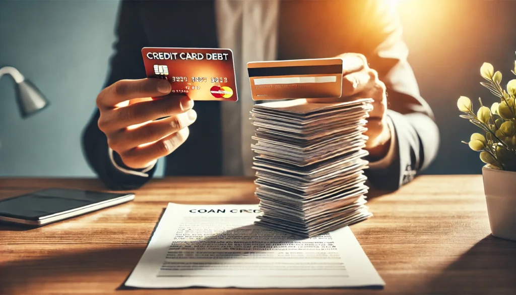 A person consolidating credit card debt by replacing a stack of credit cards with a single loan contract on a desk. The warm, optimistic tone of the image signifies financial relief and smart refinancing strategies