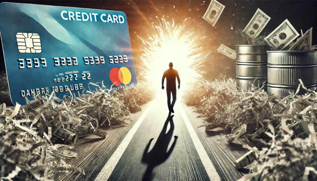 A person confidently walking towards a bright future, with a shredded credit card in the background and a clear pathway to financial stability. The image symbolizes empowerment and success in refinancing credit card debt