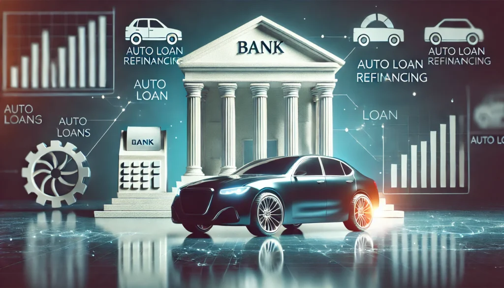 A sleek car parked in front of a bank, symbolizing auto loan refinancing. The scene conveys financial planning and smart decision-making in managing car loans.