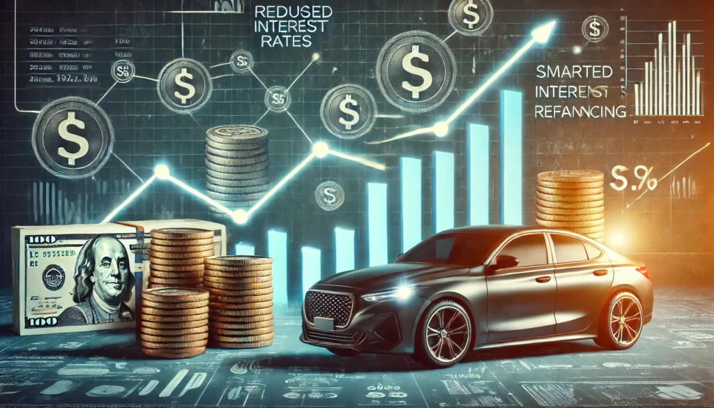 An artistic representation of financial growth and savings, featuring a car and a money graph in the background. The image symbolizes reduced interest rates and smarter car loan refinancing strategies