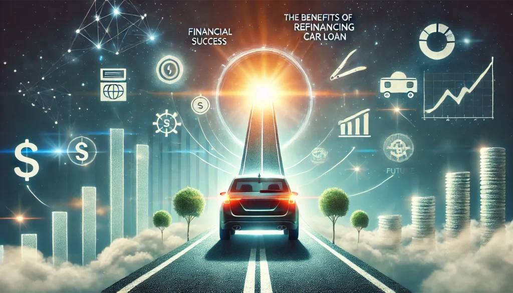 A road leading towards financial success, with a car driving smoothly toward a bright horizon. The scene represents the benefits of refinancing a car loan, financial stability, and a smart financial future.