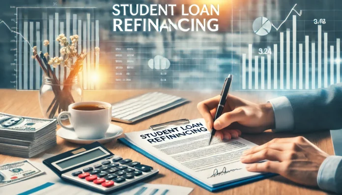 A conceptual representation of student loan refinancing. A bright, modern financial office features a desk with loan documents, a calculator, and a cup of coffee. A hand is seen signing a contract, symbolizing the refinancing process, with a blurred computer screen displaying financial charts in the background