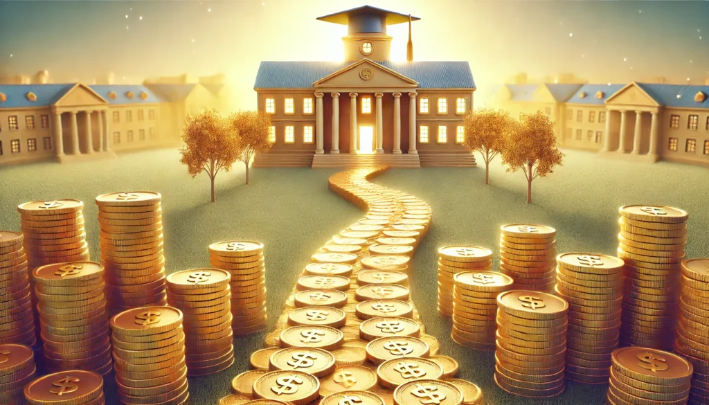 A symbolic image of student loan refinancing. A golden pathway made of coins leads toward a distant university building, representing financial savings through refinancing. The background features a bright sunrise, symbolizing a fresh financial start