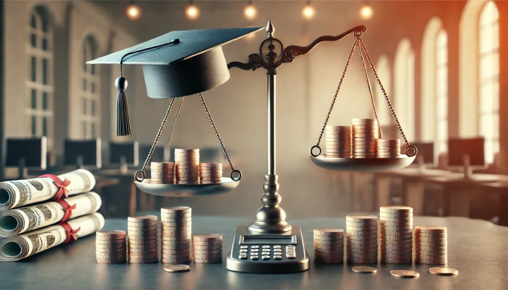A conceptual visualization of refinancing student loans. A balancing scale with a graduation cap on one side and stacks of coins on the other, symbolizing financial management and loan repayment balance. The background features a modern financial setting with subtle warm lighting