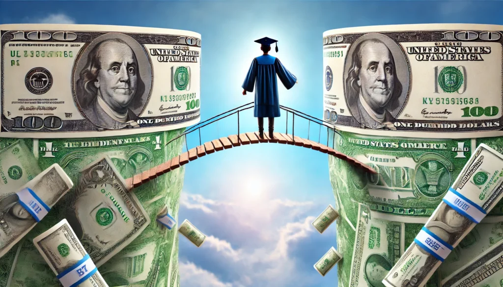 A metaphorical representation of student loan refinancing. A bridge made of dollar bills connects two cliffs, with a student in a graduation gown crossing from 'Debt' to 'Financial Freedom.' The background features a bright blue sky, symbolizing optimism and a debt-free future