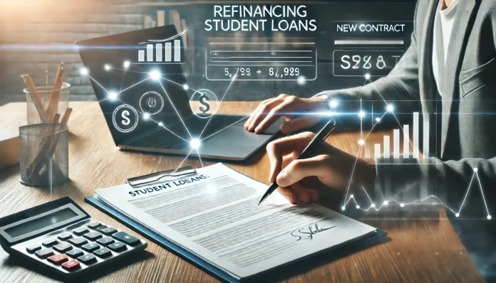 A conceptual image representing refinancing student loans. A modern office desk with financial documents, a laptop displaying loan calculations, and a person signing a new contract. The background has soft lighting, symbolizing financial stability and a fresh start