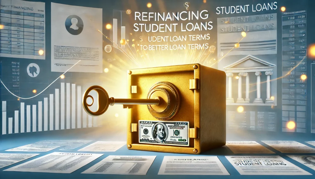 A symbolic visualization of refinancing student loans. A golden key unlocking a vault filled with financial documents and loan agreements, representing access to better loan terms. The background features a bright, optimistic atmosphere.