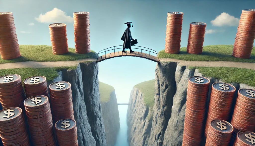A metaphorical representation of student loan refinancing. A bridge made of stacked coins connecting two cliffs, with a graduate walking across towards financial freedom. The background features a clear blue sky, symbolizing a debt-free future