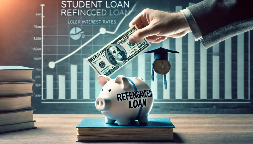 A conceptual financial image representing student loan refinancing. A hand dropping a stack of cash into a piggy bank, symbolizing savings from lower interest rates. The background includes a financial chart subtly indicating growth and stability