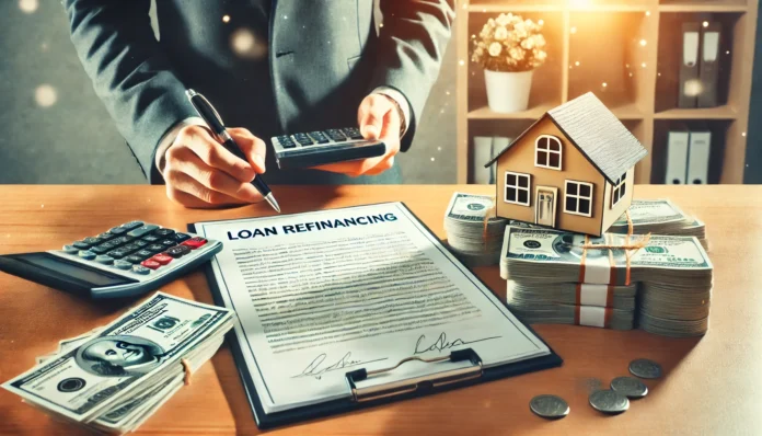 A conceptual image representing loan refinancing. A financial office setting with a contract being signed, a calculator, and stacks of money on a desk, symbolizing the refinancing process. The background has soft lighting, creating a sense of financial security