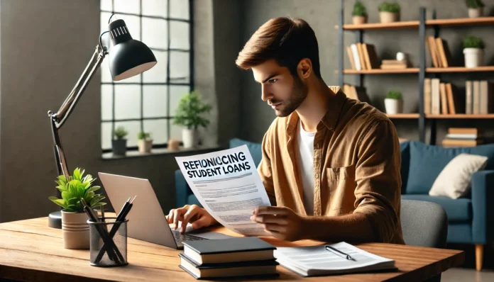 A young professional in a modern home office reviewing financial documents with a laptop open, symbolizing the refinancing of student loans and careful financial planning