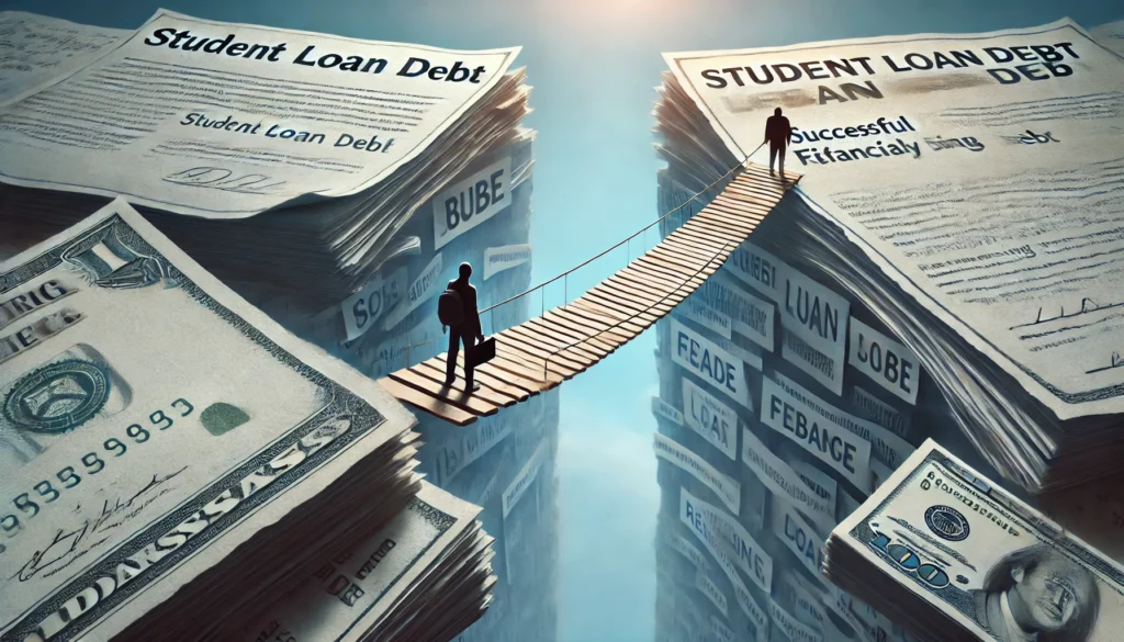 A conceptual image of a bridge made of financial documents spanning a financial gap, symbolizing the transition from student loan debt to financial stability through refinancing