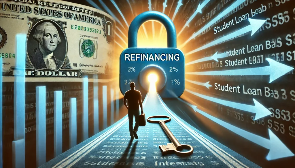 A symbolic image of a person unlocking a large padlock, revealing a pathway to financial freedom, with student loan bills and interest rates fading away, representing the benefits of refinancing