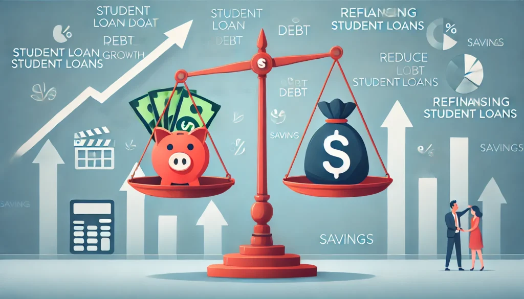An illustration of a scale balancing a heavy student loan debt on one side and a reduced debt load on the other, symbolizing the financial benefits of refinancing, with background symbols of financial growth