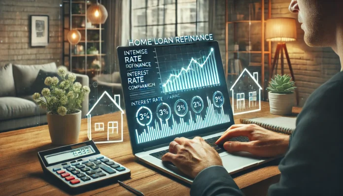 A person using a laptop in a modern home office, reviewing home loan refinance options online with financial charts and graphs on the screen, symbolizing mortgage refinancing and financial planning.