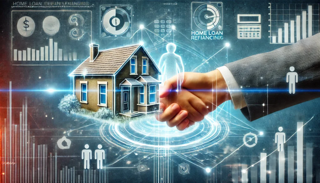 A futuristic digital handshake between a homeowner and an online lender, symbolizing trust and agreement in home loan refinancing, with abstract financial data and glowing technology elements in the background