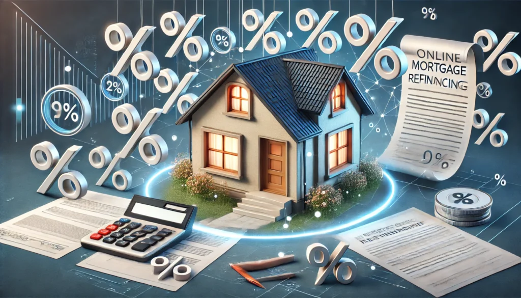 A modern home surrounded by floating percentage symbols and loan documents, visually representing the process of online mortgage refinancing, financial planning, and reduced interest rates