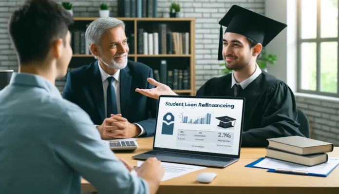 A professional office setting where a financial advisor discusses student loan refinancing options with a young graduate. A laptop displaying financial charts and a document with interest rate calculations are visible, emphasizing financial planning and education