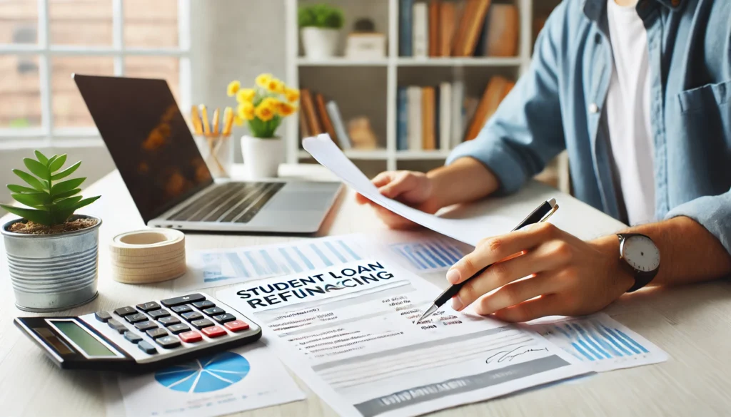  A modern and well-lit workspace where a student is reviewing loan documents with a calculator and financial reports on the desk, symbolizing the process of analyzing student loan refinancing options with a focus on budgeting and financial planning.