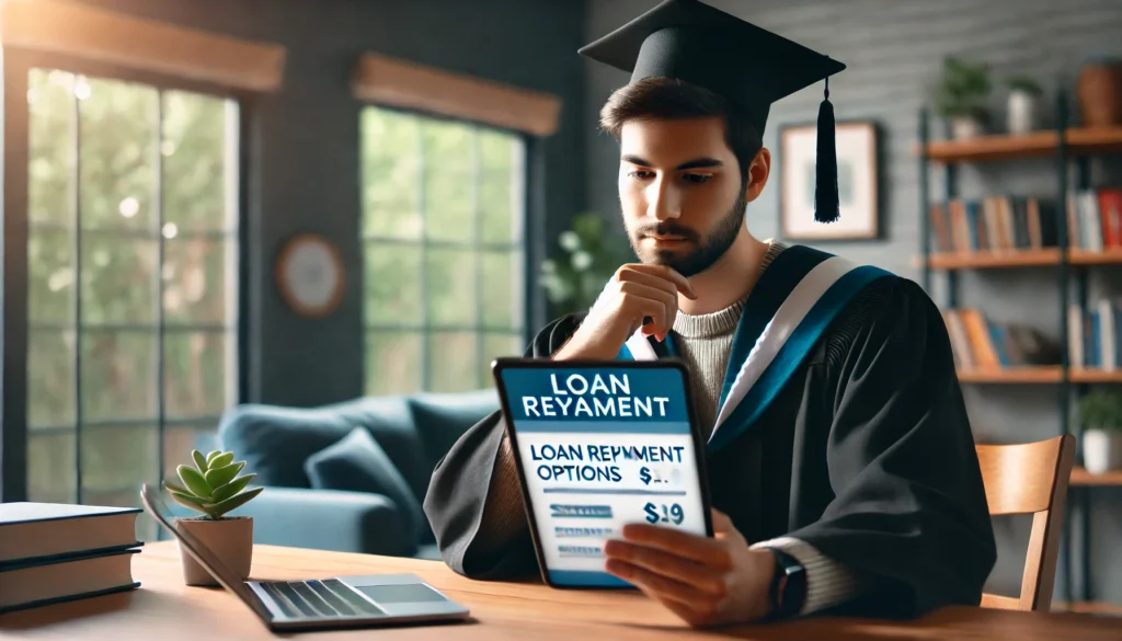 A university graduate sitting at a desk in a cozy home environment, thoughtfully reviewing loan repayment options on a tablet, highlighting responsible financial decision-making after graduation.