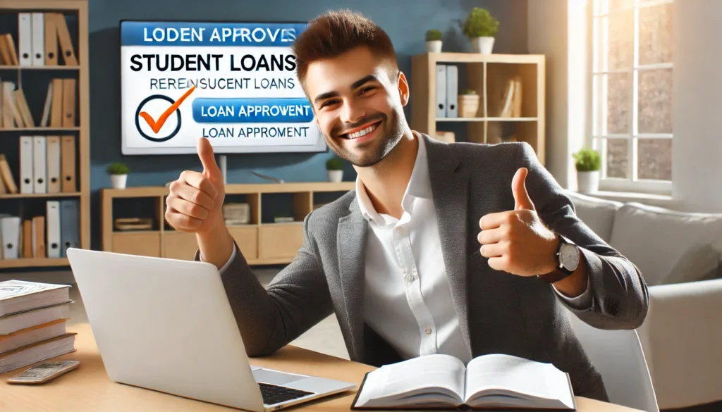  A young professional celebrating financial success after refinancing student loans, with a laptop displaying loan approval and a confident, relaxed expression, symbolizing financial freedom and smart money management