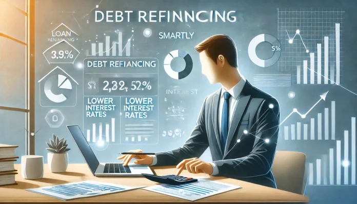 A young professional at a desk analyzing financial charts, loan documents, and a calculator, symbolizing smart debt refinancing strategies. The background subtly represents lower interest rates and financial growth.