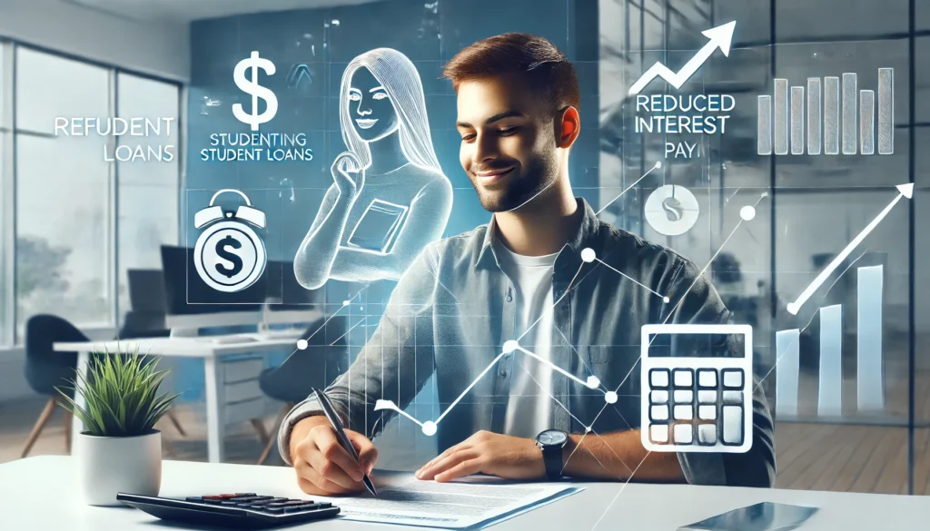 A confident individual in a modern office setting signing loan documents, symbolizing a successful student loan refinancing process with reduced interest rates and financial stability.