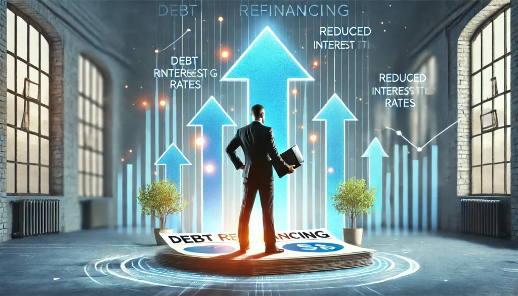 A person standing confidently with financial documents in hand, with arrows pointing downward in the background, symbolizing reduced loan interest rates and successful debt refinancing.