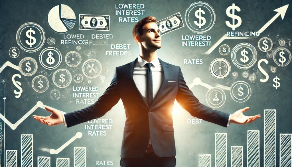 A young professional standing outdoors with open arms, looking relieved and confident, symbolizing financial freedom and reduced stress after successful debt refinancing.