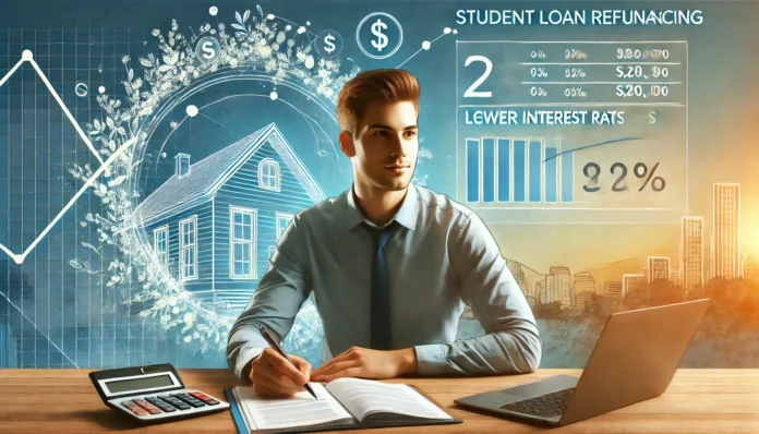 A young professional at a desk analyzing student loan refinancing options, with financial documents and a laptop showing loan calculations. The background suggests financial stability with abstract elements symbolizing lower interest rates and debt reduction