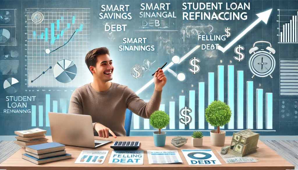 An individual happily organizing finances at a desk with a calculator, financial charts, and a laptop, symbolizing smart financial management after student loan refinancing. The background subtly depicts rising savings and falling debt.