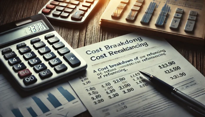 A financial planning scene featuring financial documents, a calculator, and a pen on a wooden desk, symbolizing the cost breakdown of refinancing with a focus on numbers and calculations