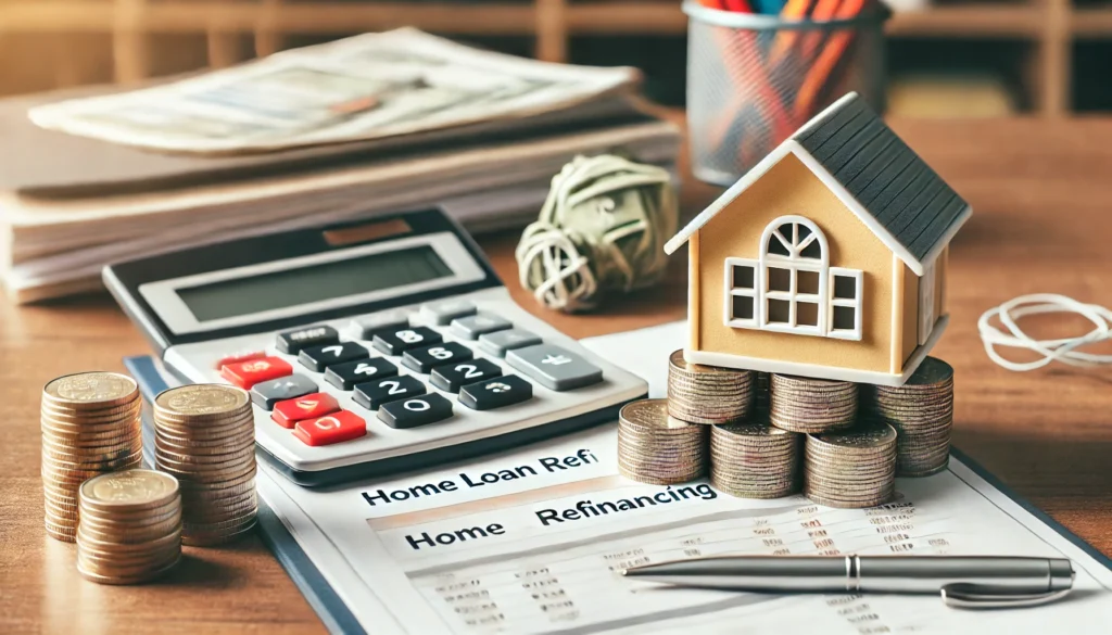 "A conceptual image of a house model, stacks of coins, and financial documents on a desk, representing financial considerations in refinancing costs.