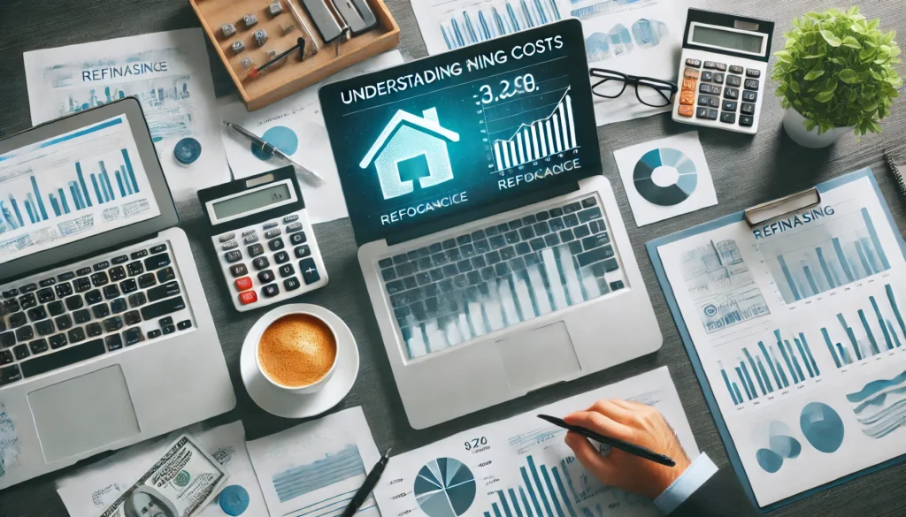 An overhead view of a professional workspace with financial charts, a laptop, and a cup of coffee, conveying the analytical approach to understanding refinancing costs
