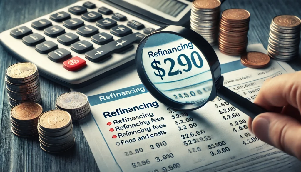 A symbolic image of a magnifying glass over a financial statement, with coins and a calculator in the background, emphasizing the scrutiny of refinancing fees and costs.