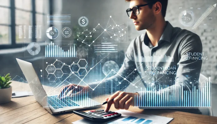 A professional young adult managing finances on a laptop, with digital financial graphs subtly overlaying the image, symbolizing strategic planning for student loan refinancing in a modern home office setting.