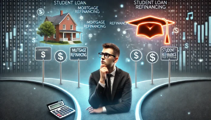 A young professional sits at a desk, looking puzzled at financial documents. Behind them, two distinct paths diverge—one leading to a house symbolizing mortgage refinancing with a glowing bonus icon, and another leading to a graduation cap with a blocked sign, representing student loan refinance restrictions
