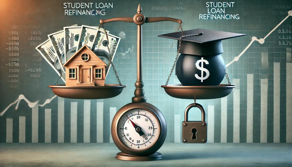 A balancing scale with a house and cash bonus on one side, symbolizing mortgage refinancing benefits, and a graduation cap with a locked padlock on the other, representing restrictions on student loan refinance bonuses. The background features a subtle financial chart overlay, highlighting economic factors