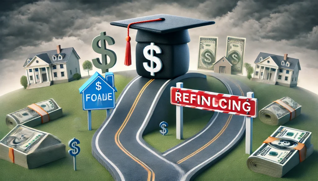 A winding road with a large graduation cap roadblock blocking access to financial relief, while another open road leads to a house with dollar signs, symbolizing mortgage refinancing eligibility. The cloudy sky in the background reflects financial uncertainty