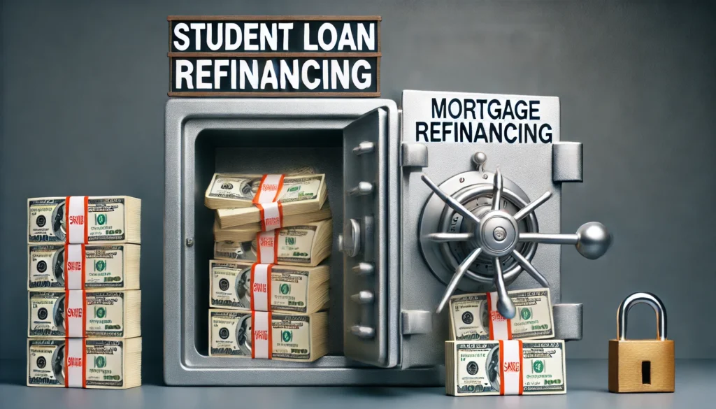 A locked vault filled with student loan documents sits next to an open safe overflowing with cash designated for mortgage refinancing, visually contrasting the financial accessibility between different types of refinancing