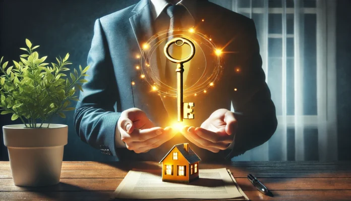 A person in business attire holds a golden key, symbolizing the unlocking of financial opportunities, while a glowing house appears in the background, representing mortgage refinancing benefits and financial security