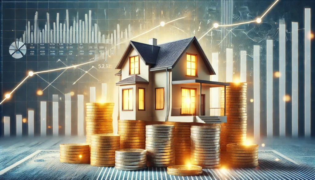 A modern home with a bright, inviting glow sits atop stacks of coins, symbolizing wealth accumulation and savings through mortgage refinancing, with a financial graph in the background emphasizing financial growth.