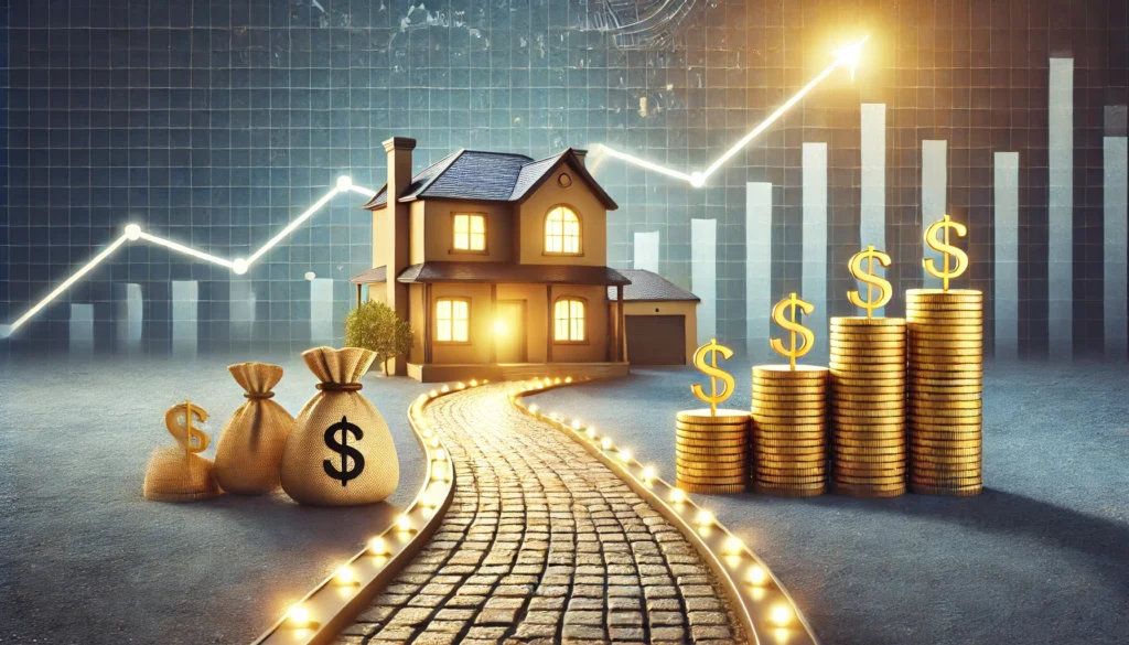 A well-lit pathway leading to a luxurious home is paved with golden coins, illustrating the financial benefits of refinancing. In the background, a rising financial graph symbolizes long-term financial success