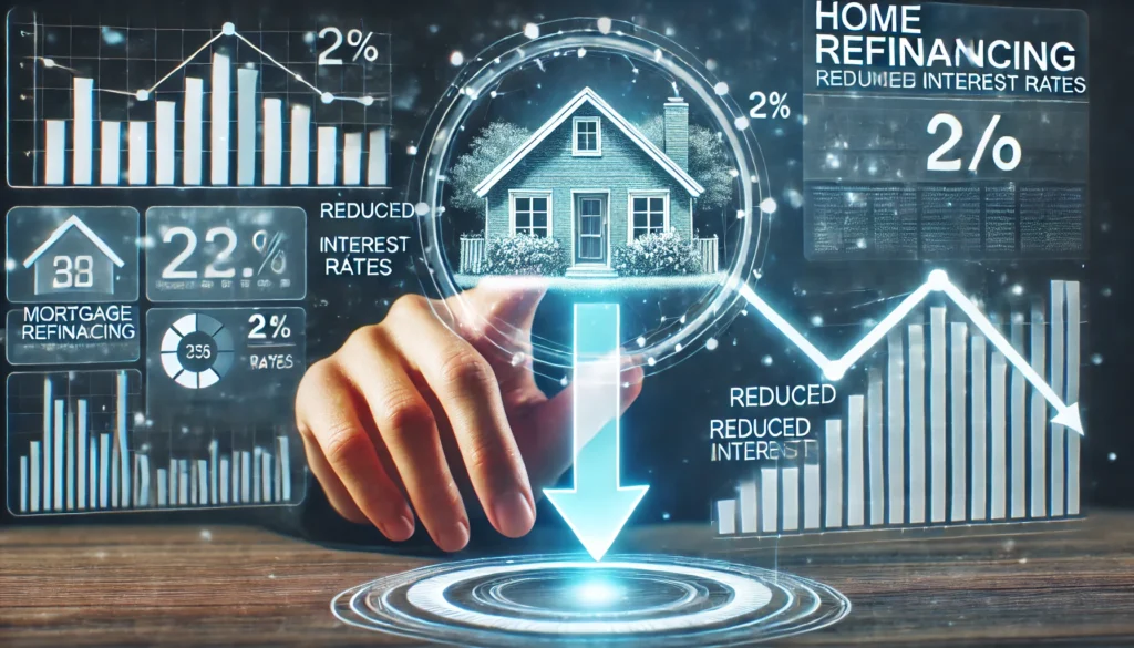 A futuristic digital holographic interface displays a house, financial charts, and a downward arrow representing reduced interest rates. A person interacts with the display, symbolizing the modern approach to mortgage refinancing