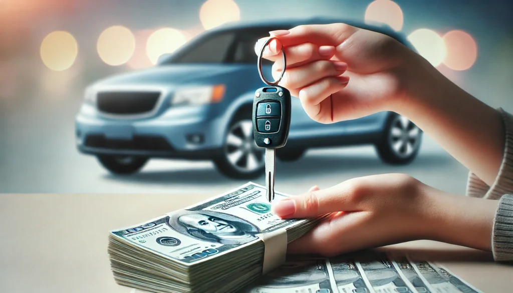 A symbolic image of a person holding a car key in one hand and a stack of cash in the other, with a newly purchased car in the background, representing financial independence and smart vehicle investment.