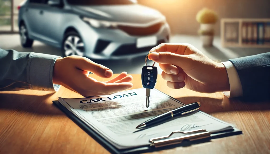 A close-up of hands exchanging car keys over a stack of loan documents, with a pen resting on top. A blurred car in the background signifies the approval and finalization of auto financing in a professional setting.